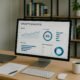 Modernes Büro mit Computerbildschirm, Notizblättern, Laptop, Kaffee, Regalen mit Büchern und Pflanzen, symbolisiert SEO-Analyse im Arbeitsalltag