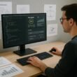 Webentwickler angepasst Servereinstellungen auf einem modernen Computer in einem stilvollen, minimalistischen Büro mit Code, Performance-Analysen und Diagrammen