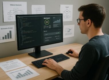 Webentwickler angepasst Servereinstellungen auf einem modernen Computer in einem stilvollen, minimalistischen Büro mit Code, Performance-Analysen und Diagrammen