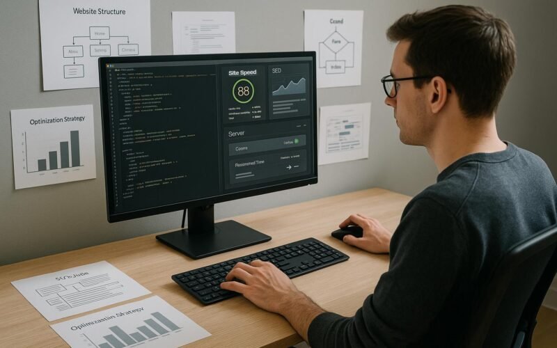 Webentwickler angepasst Servereinstellungen auf einem modernen Computer in einem stilvollen, minimalistischen Büro mit Code, Performance-Analysen und Diagrammen