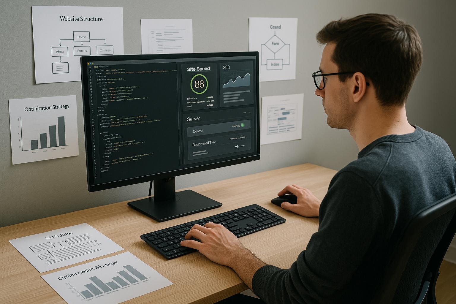 Webentwickler angepasst Servereinstellungen auf einem modernen Computer in einem stilvollen, minimalistischen Büro mit Code, Performance-Analysen und Diagrammen