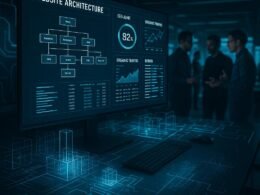 Futuristisches Büro mit holografischen Elementen, großem Bildschirm und Entwicklern im Hintergrund, die an technischen SEO-Dashboards arbeiten
