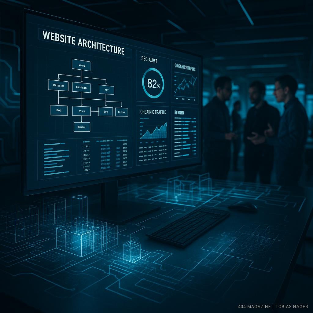 Futuristisches Büro mit holografischen Elementen, großem Bildschirm und Entwicklern im Hintergrund, die an technischen SEO-Dashboards arbeiten