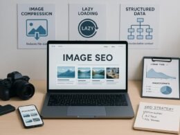 Modernes digitales Arbeitszimmer mit Laptop, Kamera, Smartphone und Infografiken zur Bild-SEO-Optimierung, helles und technisch inspiriertes Setting