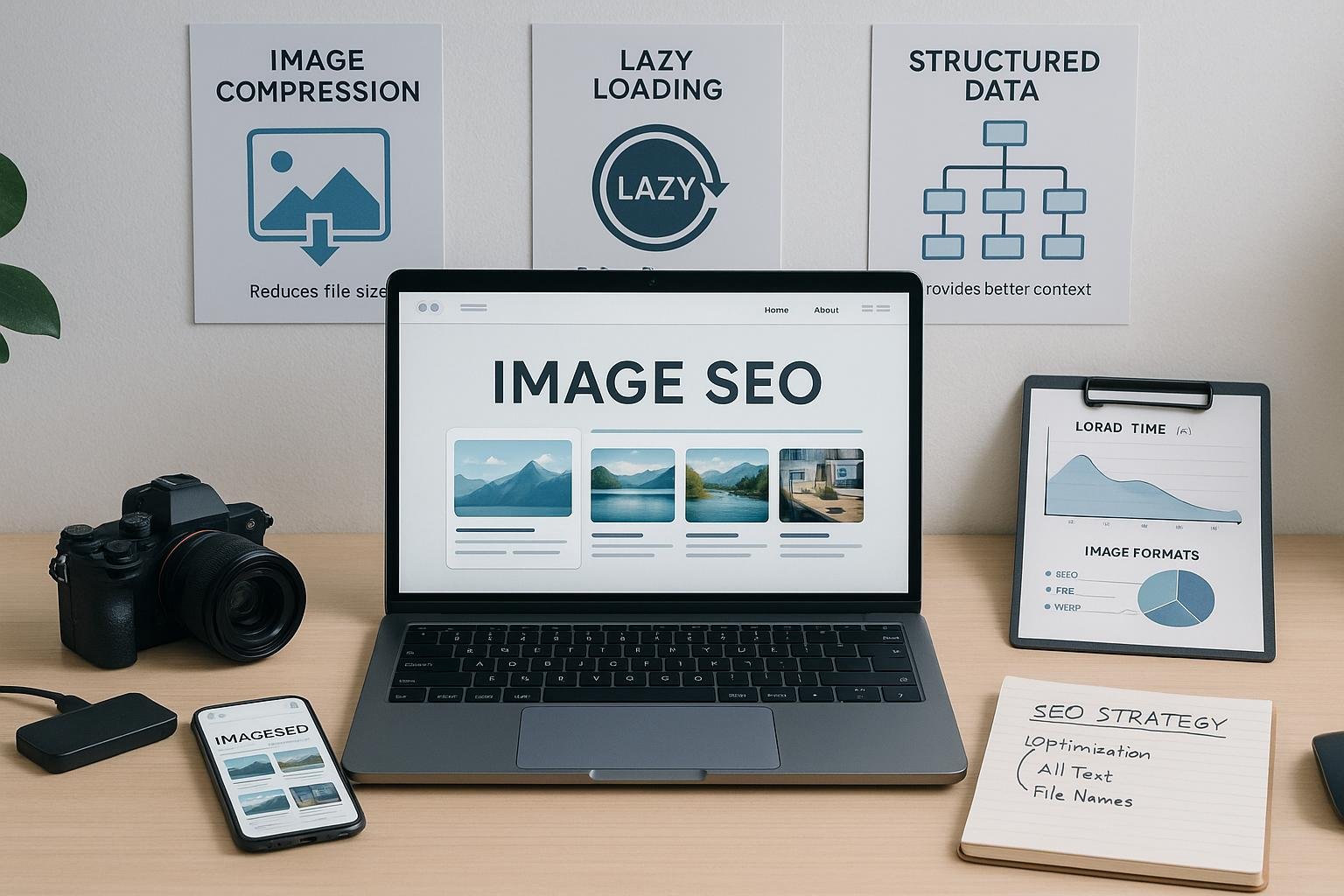 Modernes digitales Arbeitszimmer mit Laptop, Kamera, Smartphone und Infografiken zur Bild-SEO-Optimierung, helles und technisch inspiriertes Setting