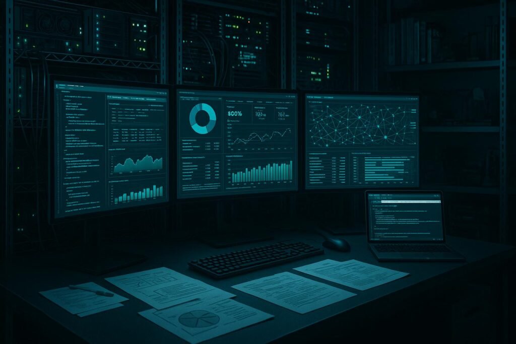 Ansicht eines technischen High-Tech-Workplaces mit Monitoren, Serverracks, Kabeln und Diagnose-Tools im professionellen Umfeld.