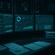 Ansicht eines technischen High-Tech-Workplaces mit Monitoren, Serverracks, Kabeln und Diagnose-Tools im professionellen Umfeld.