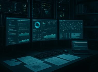 Ansicht eines technischen High-Tech-Workplaces mit Monitoren, Serverracks, Kabeln und Diagnose-Tools im professionellen Umfeld.