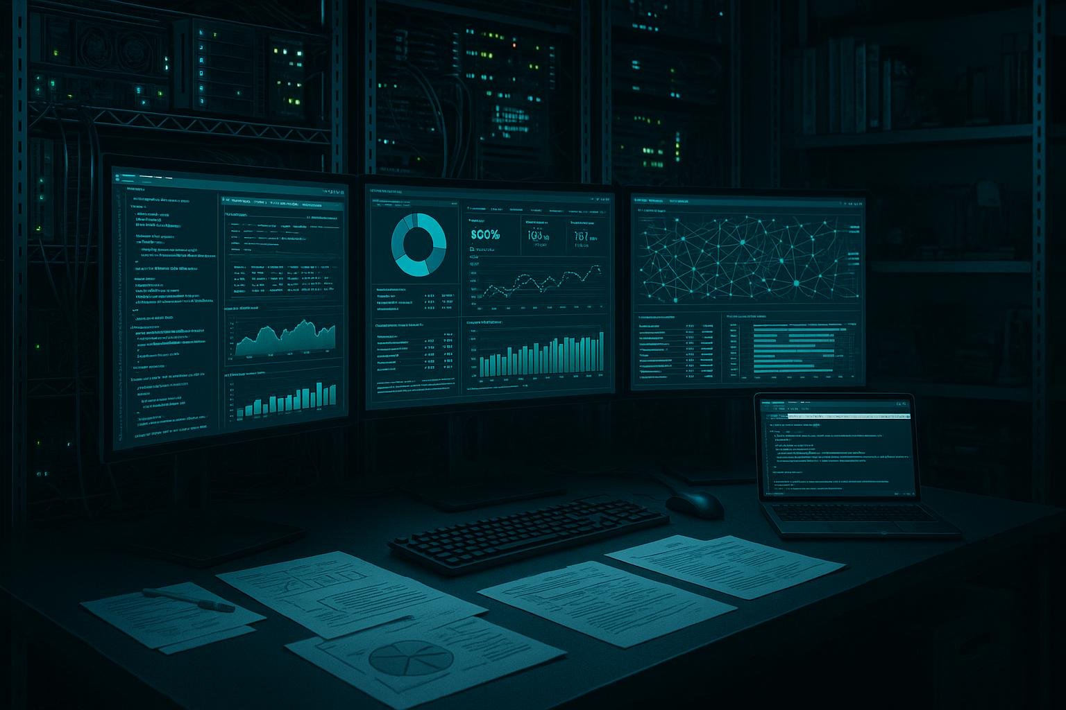 Ansicht eines technischen High-Tech-Workplaces mit Monitoren, Serverracks, Kabeln und Diagnose-Tools im professionellen Umfeld.