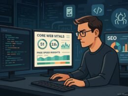 Moderner Arbeitsplatz mit Monitoren, Servern und Code-Analysen für technische SEO-Bemühungen
