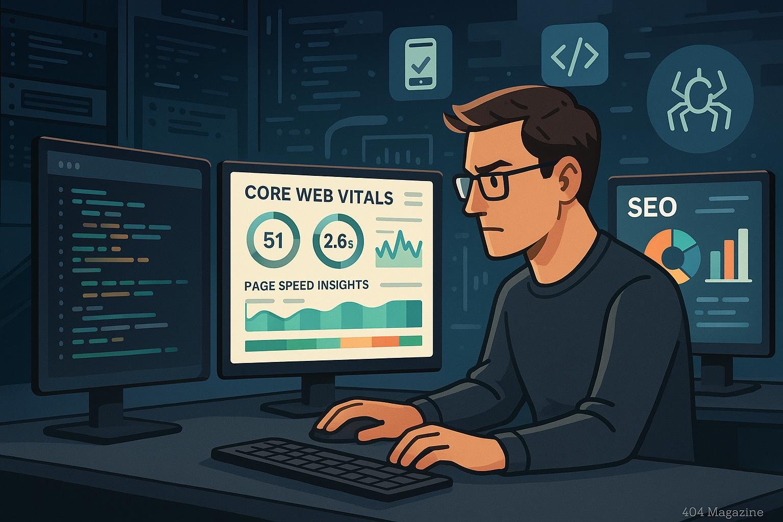 Moderner Arbeitsplatz mit Monitoren, Servern und Code-Analysen für technische SEO-Bemühungen