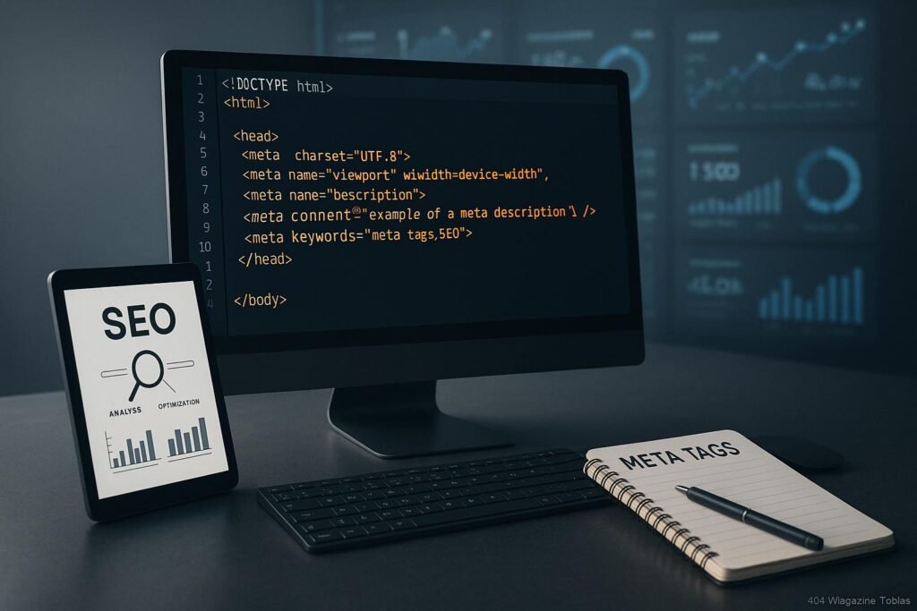 Moderner Computerarbeitsplatz mit Monitor, der HTML-Code und Meta-Tags anzeigt, umgeben von SEO-Tools auf Tablet und Notizbuch, im Hintergrund digitale Metriken und Charts, Credit: 404 Magazine (Tobias Hager)