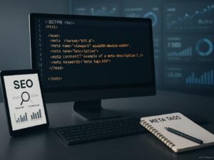 Moderner Computerarbeitsplatz mit Monitor, der HTML-Code und Meta-Tags anzeigt, umgeben von SEO-Tools auf Tablet und Notizbuch, im Hintergrund digitale Metriken und Charts, Credit: 404 Magazine (Tobias Hager)