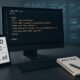 Moderner Computerarbeitsplatz mit Monitor, der HTML-Code und Meta-Tags anzeigt, umgeben von SEO-Tools auf Tablet und Notizbuch, im Hintergrund digitale Metriken und Charts, Credit: 404 Magazine (Tobias Hager)