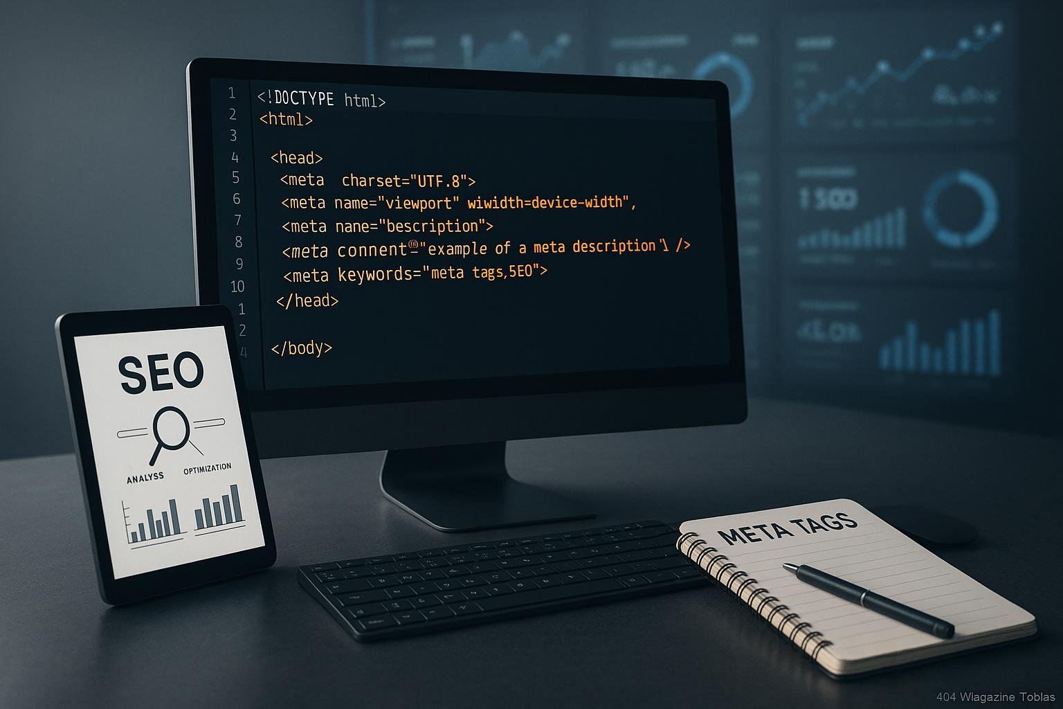 Moderner Computerarbeitsplatz mit Monitor, der HTML-Code und Meta-Tags anzeigt, umgeben von SEO-Tools auf Tablet und Notizbuch, im Hintergrund digitale Metriken und Charts, Credit: 404 Magazine (Tobias Hager)