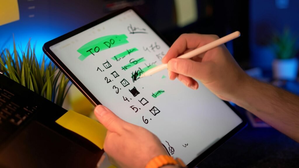 Person arbeitet mit Stylus auf Tablet und setzt Häkchen auf einer digitalen To-Do-Liste zur Aufgabenorganisation.