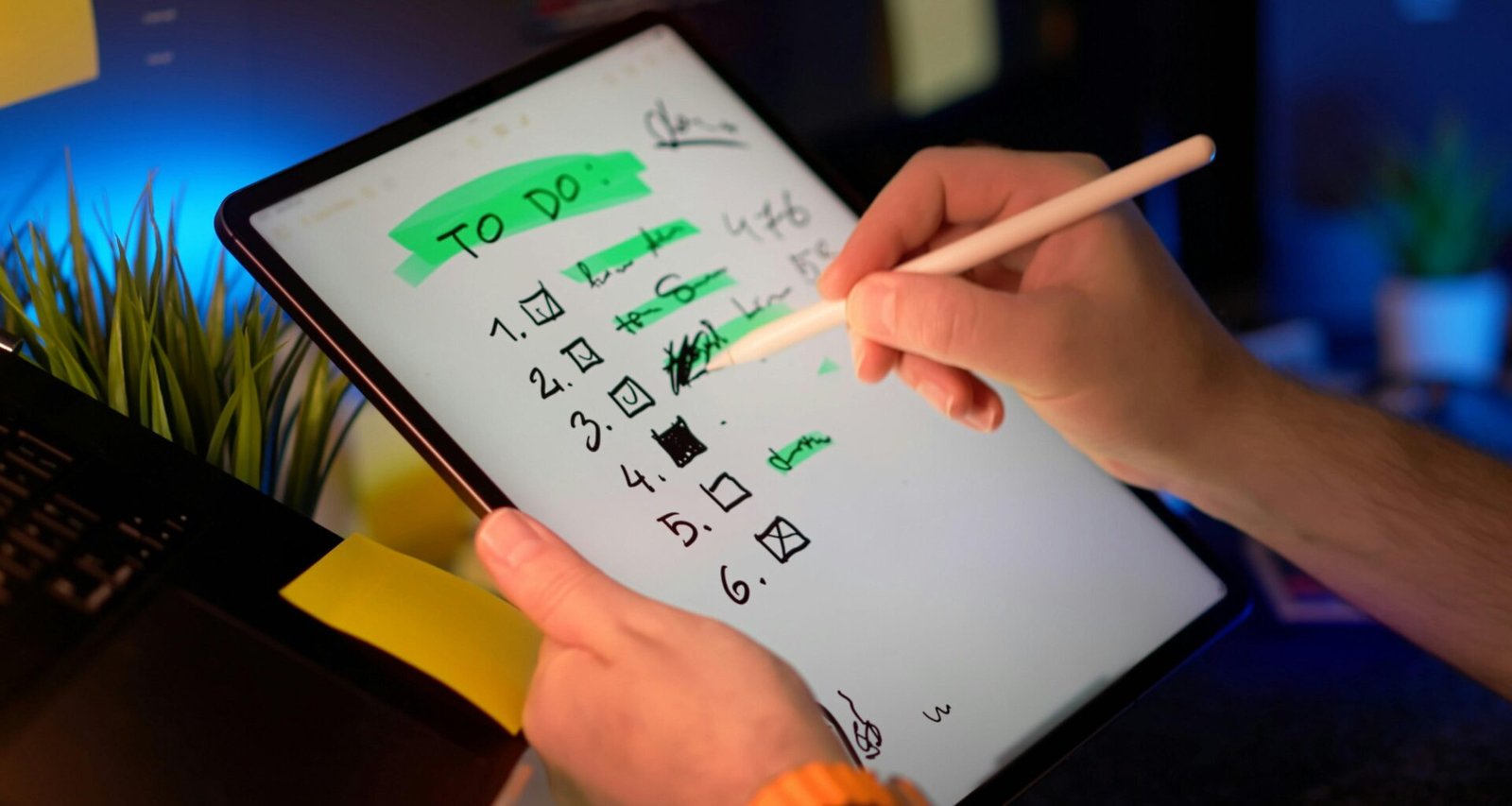 Person arbeitet mit Stylus auf Tablet und setzt Häkchen auf einer digitalen To-Do-Liste zur Aufgabenorganisation.