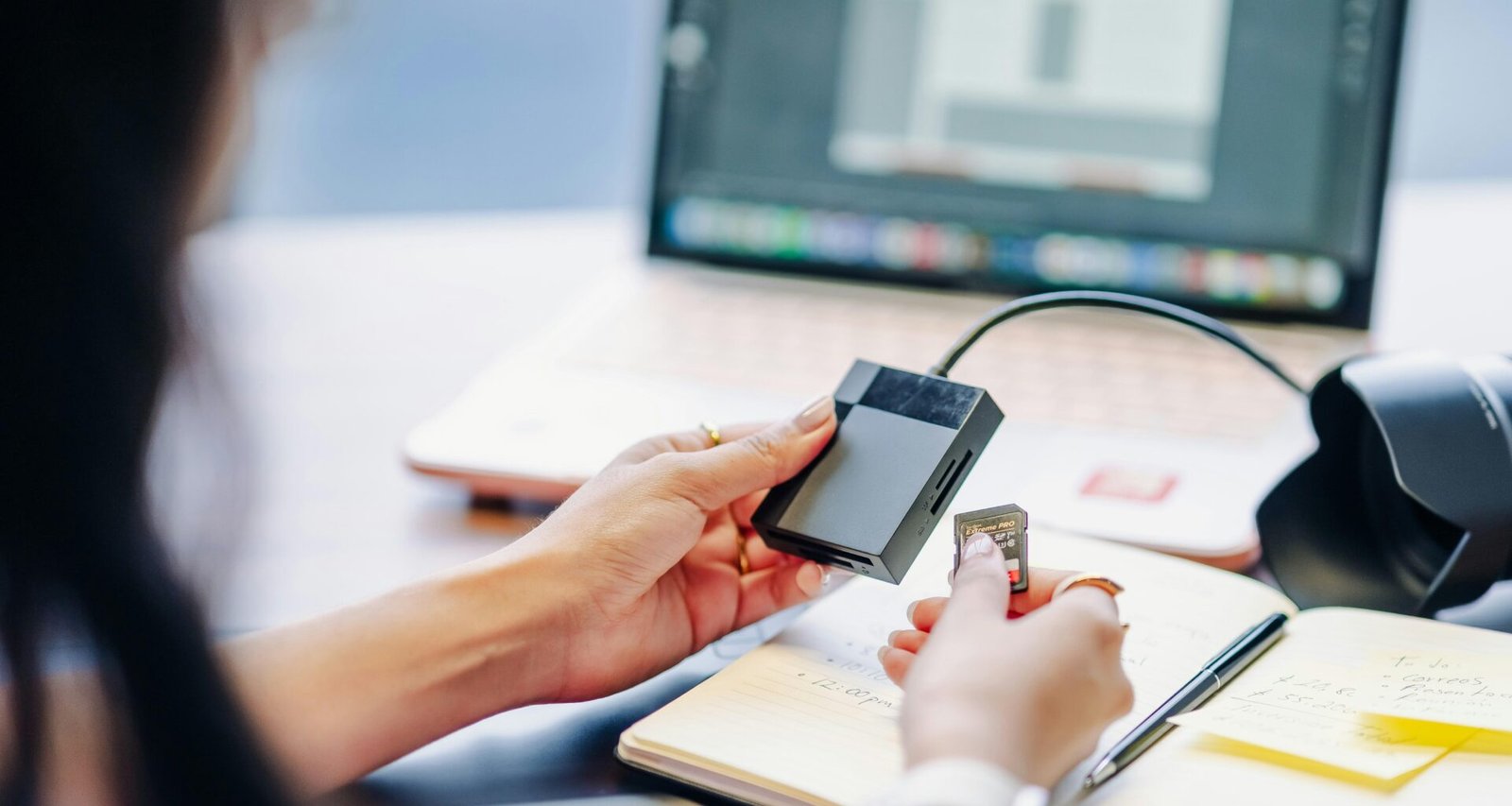 Person verbindet eine externe Festplatte mit einem Kartenleser, um Daten zwischen Speichergeräten auszutauschen.