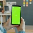 Eine Person hält ein Smartphone mit grünem Bildschirm, ideal für Technik- oder App-Darstellungen in Online-Artikeln.