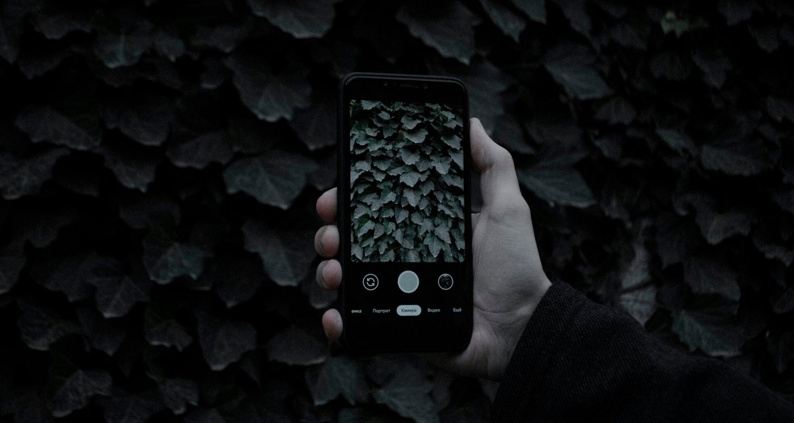 Eine Person hält ein schwarzes iPhone 5 in der Hand, Fokus auf das Smartphone und dessen Rückseite.