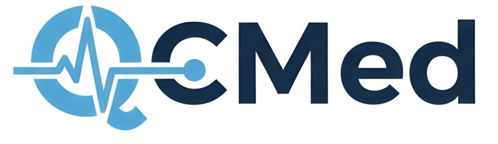 QC med Logo mit integriertem Herzschlag-Motiv, Kombination aus Medizin-Logo und grafischer Herzfrequenz.