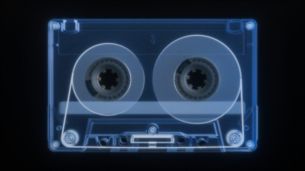 Röntgenaufnahme einer Vintage Kassette auf schwarzem Hintergrund mit sichtbaren inneren Mechanikteilen.