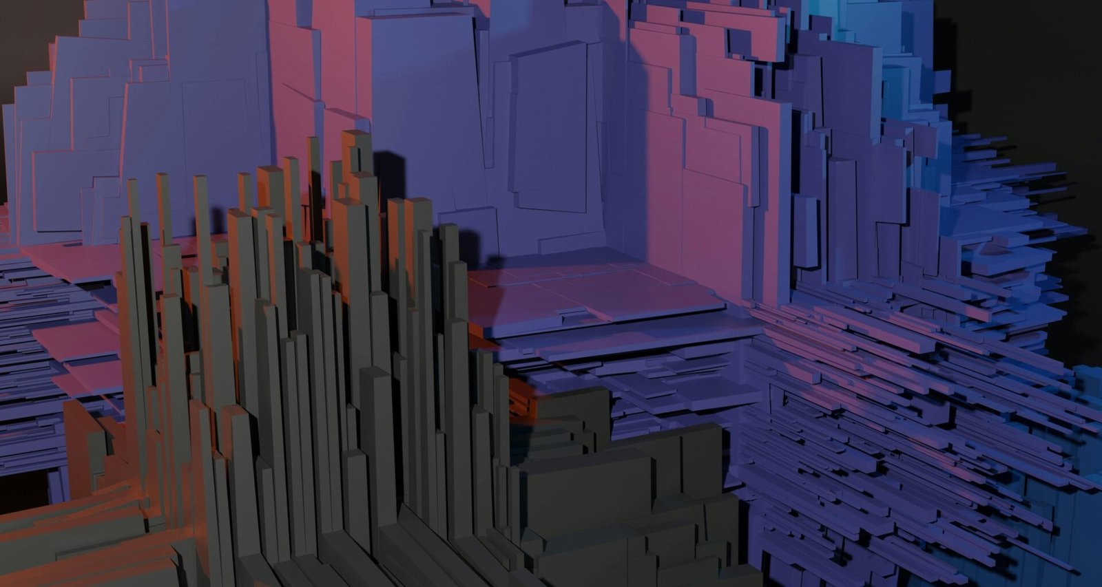 Außenansicht eines modernen Gebäudes aus rosa und grauem Beton mit klaren Linien und geometrischen Formen