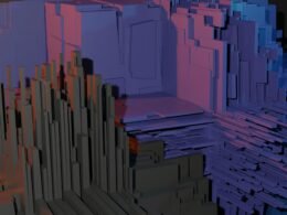 Außenansicht eines modernen Gebäudes aus rosa und grauem Beton mit klaren Linien und geometrischen Formen