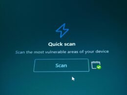 Ein Schnellscan-Button auf einem einfarbigen blauen Hintergrund, dargestellt in klarer, moderner Optik.