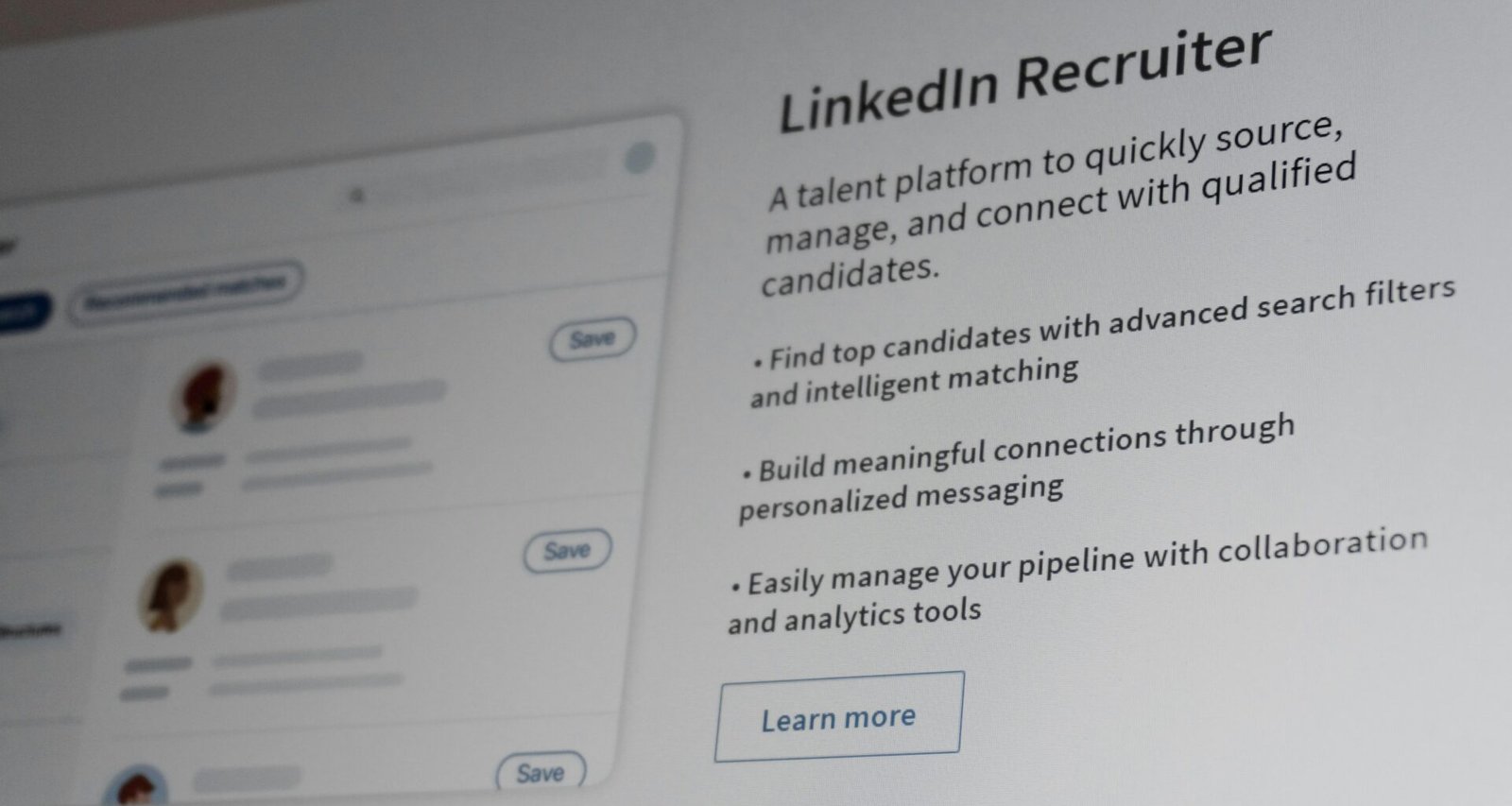 Benutzeroberfläche der LinkedIn Recruiter Talent Plattform mit Such- und Verwaltungsfunktionen.
