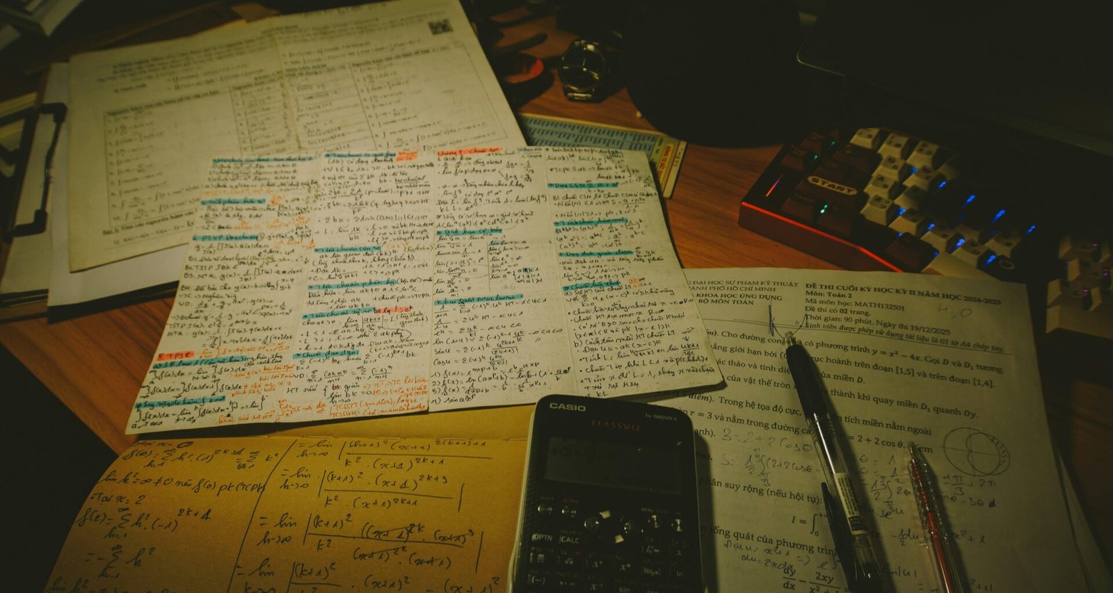 Schreibtisch mit verstreuten Papieren, einem Taschenrechner und mehreren Stiften als Arbeitsmaterialien