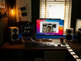 Schwarzer Flachbildschirm steht auf einem braunen Holzschreibtisch, Computerbildschirm im Büro, moderne Arbeitsumgebung