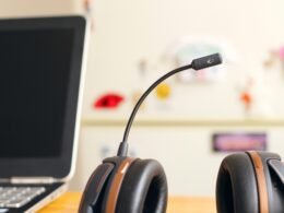 Schwarzes und braunes Headset liegt neben einem aufgeklappten Laptop auf einem hellen Schreibtisch