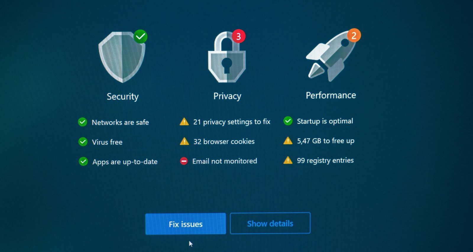 Übersicht eines Dashboards mit Anzeigen zu Sicherheit, Datenschutz und Performance, ergänzt um Optionen zur Behebung