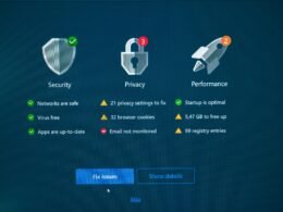 Statusanzeige für Sicherheit, Datenschutz und Performance mit integrierten Korrekturoptionen am Bildschirm