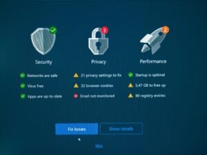 Übersicht eines Dashboards mit Anzeigen zu Sicherheit, Datenschutz und Performance, ergänzt um Optionen zur Behebung