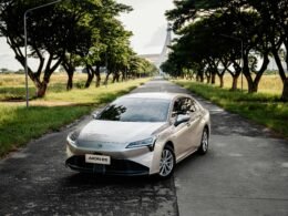 Ein silberner Sedan ist auf einer von Bäumen gesäumten, ruhigen Straße geparkt. Die Szene wirkt urban und dennoch naturnah.