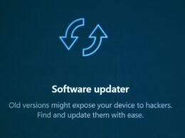 Grafische Darstellung eines Software-Updaters mit zwei kreisförmigen Pfeilen und Update-Symbolen auf dunklem Hintergrund.