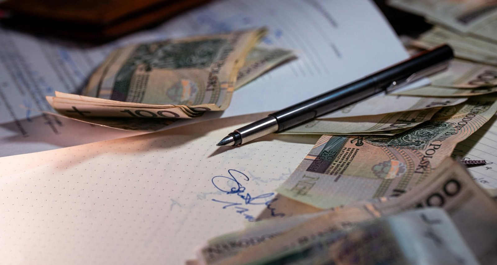 Mehrere Geldscheine und ein Kugelschreiber liegen verstreut auf ausgedruckten Finanzdokumenten sowie Berichten.