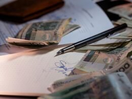 Mehrere Geldscheine und ein Kugelschreiber liegen verstreut auf ausgedruckten Finanzdokumenten sowie Berichten.