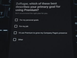 Erstellung einer Online-Umfrage zu Zielen von Premium-Abonnements am Computer, Fokus auf Bildschirm mit Auswahlmöglichkeiten