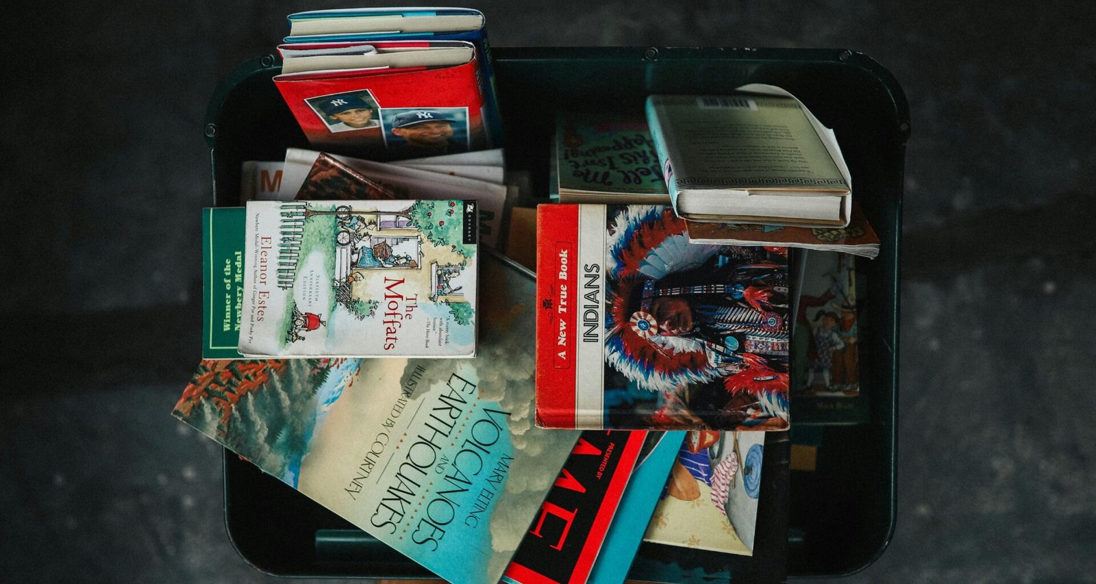Von oben fotografierte Sammlung verschiedener Bücher in einer schwarzen Aufbewahrungsbox, auf neutralem Hintergrund platziert