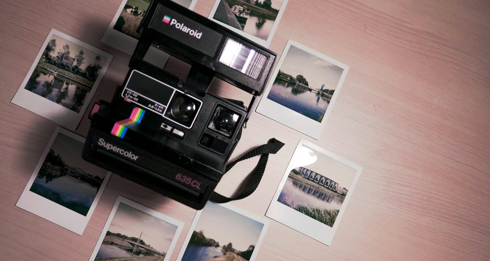 Verschiedene Fotos rund um eine Polaroid-Kamera auf einem Tisch, dargestellt aus der Draufsicht