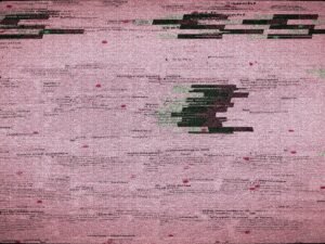 Digitale Verzerrungen mit pinken und grünen Farbstörungen, detailreiche Noise-Struktur im modernen Technik-Kontext
