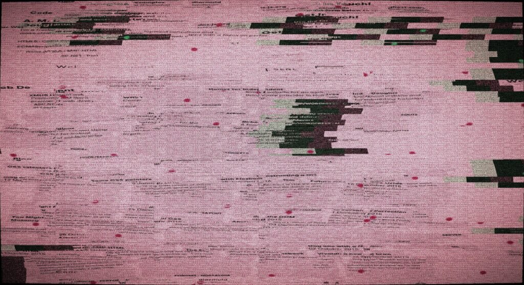 Digitale Störungen mit pinken und grünen Tönen, typisch für Fehlerquellen in digitalen Medien und Technologien