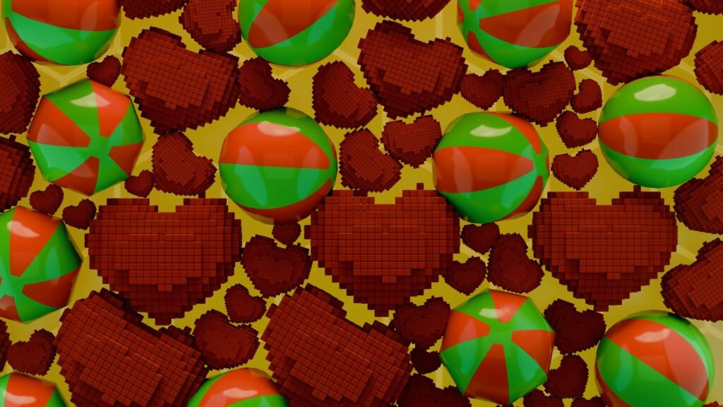 Weihnachtliches Muster mit verschiedenen Herzen und Kugeln auf hellem Hintergrund, als Symbol für festliche Themen