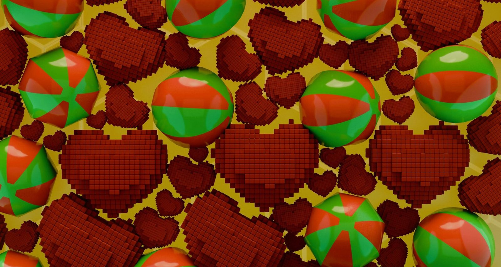 Weihnachtliches Muster mit verschiedenen Herzen und Kugeln auf hellem Hintergrund, als Symbol für festliche Themen