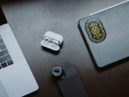 Weiße Apple EarPods liegen auf einem grauen iPhone-Case, minimalistisch arrangiert und technisch klar abgebildet.