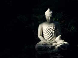 Weiße Buddha-Statue auf einer spiegelnden Wasseroberfläche mit ruhigem Hintergrund