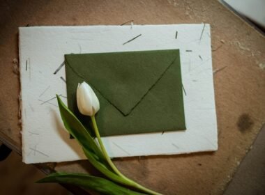 Weiße Tulpen liegen auf einem grünen Umschlag, arrangiert als dekoratives Stillleben für saisonale Dekoideen.